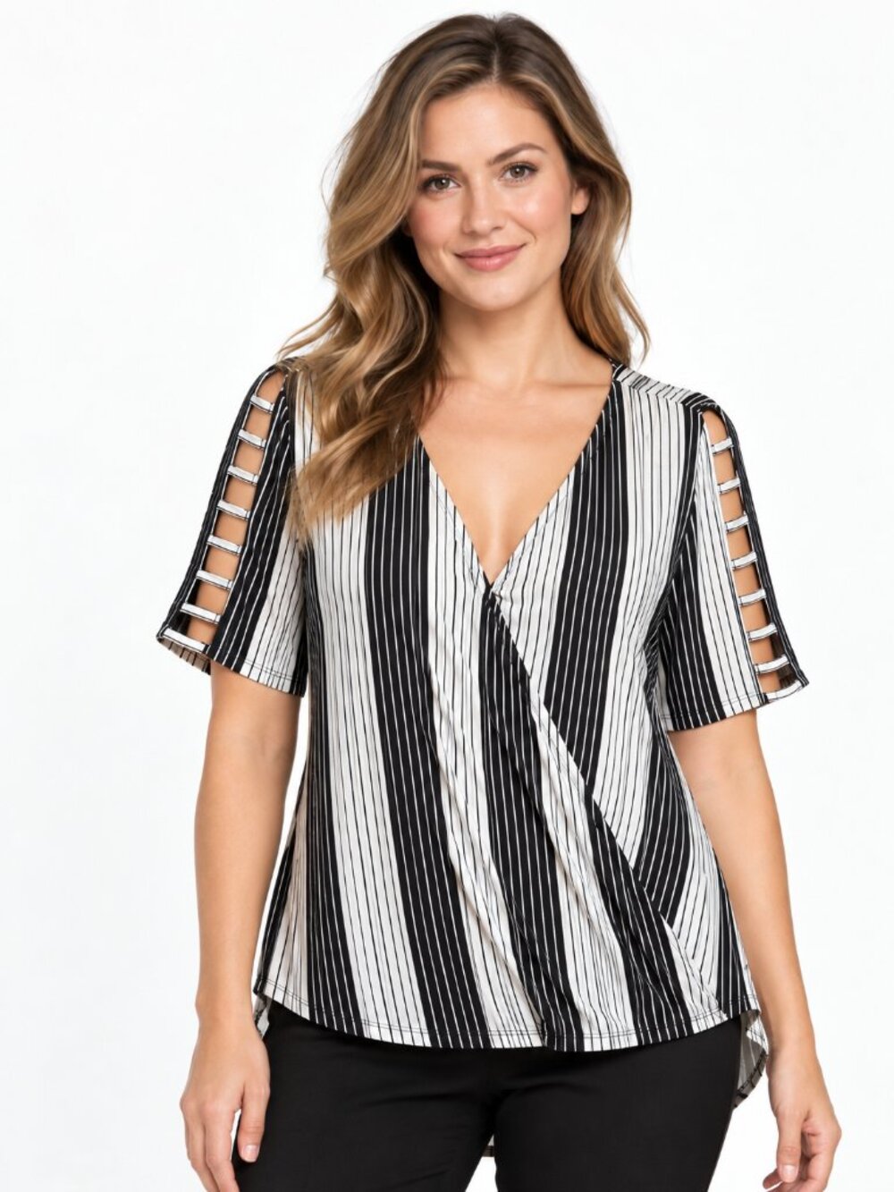 Robert Louis Black & White Striped Wrap Front Blouse NWT Size S